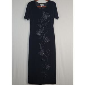 Vintage Velvet Butterfly Beaded Maxi Dress size 8 Black 90s Whimsigoth Y2K
